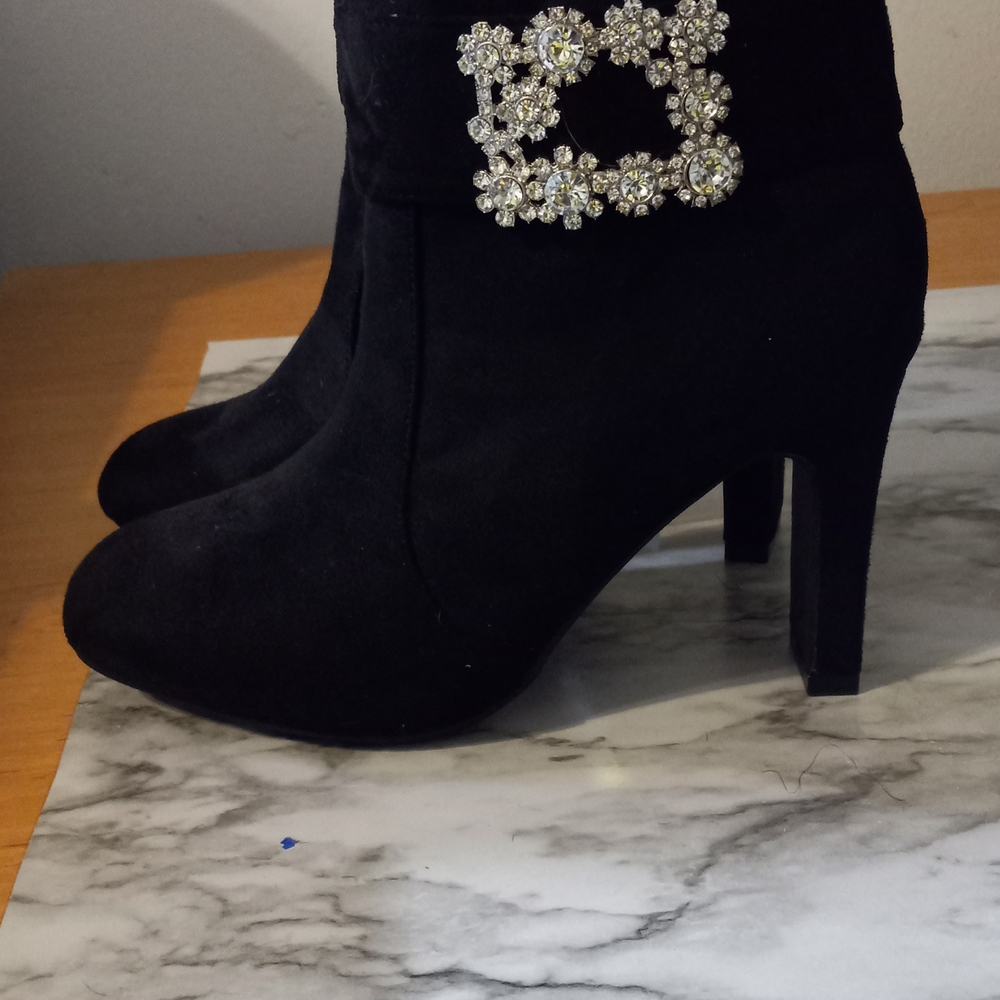 Yoki Black Heeled Boots with Crystal Accent